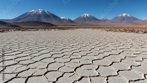 Atacama Desert landscape with cracked salt flats, distant volcanoes, and clear blue sky, extreme arid environment.