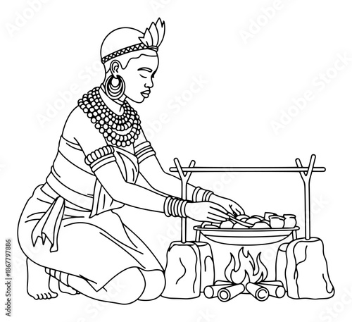 African woman cooking food on open fire wearing traditional clothes line art