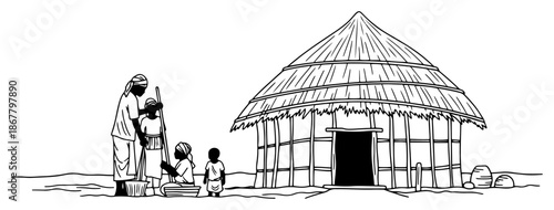 African village scene with family standing near traditional hut line art