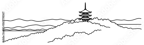 Japanese pagoda standing on a hill in a scenic nature landscape line drawing