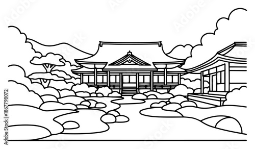 Traditional Japanese temple building surrounded by a peaceful rock garden