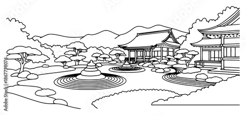 Japanese zen garden with raked sand patterns and traditional temple buildings