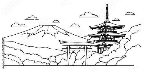 Japanese landscape with Mount Fuji and Chureito Pagoda temple line art
