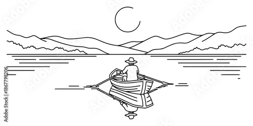 Man rowing a boat on calm water with mountains and sun background