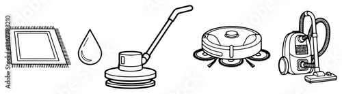 Black and white line art set of floor cleaning equipment and vacuum cleaners
