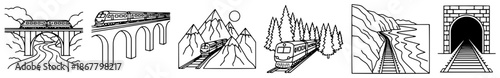 Collection of linear landscape drawings featuring trains traveling through nature and tunnels