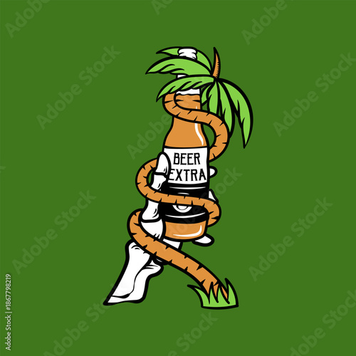 A vibrant cartoon illustration depicts a bottle held by a stylized white hand, with a palm tree wrapped around it, set against a solid green background. This playful design evokes tropical relaxation