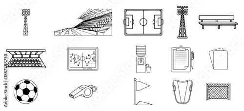 Vector line icons set of soccer stadium elements and football game equipment