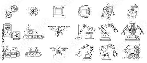 Industrial technology icons collection featuring robotic arms drones and electronic components