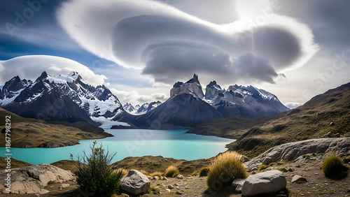 Patagonia landscape with jagged mountains, turquoise glacial lake, and dramatic clouds, natural wilderness scenery