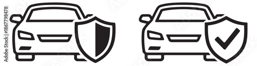 Line art car protection icon set featuring a vehicle with a shield and a checkmark shield for insurance and safety services