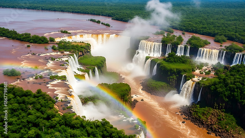 Iguazu Falls seen from above, powerful waterfalls surrounded by lush rainforest on the Brazil–Argentina border.