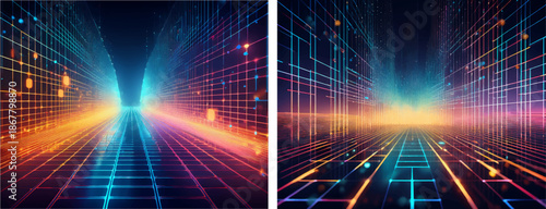 Clean Geometric Tech Grid with Micro Dot Matrix and Futuristic Neon Orange Pink Light Background