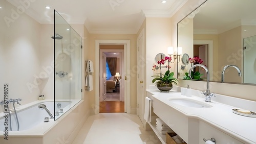 Bathroom of a luxurious house with bathing area from the left side surround by glasses and a silver faucet with white washstand in front of a rectangle shaped mirror, there is an ornamental plant