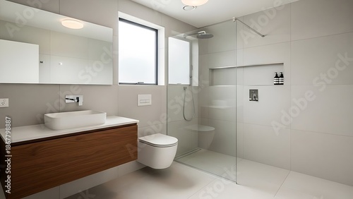 New contemporary style bathroom with tiled floor and walls