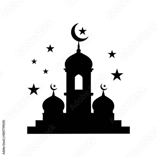 Islamic Mosque Silhouette with Crescent Moon and Stars.