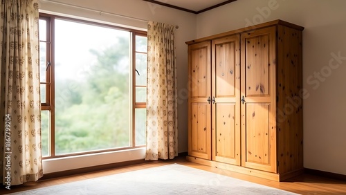 Comfortable budget-friendly a modestly designed room featuring a wooden wardrobe, patterned curtains, and a large window allowing natural light to pour in.