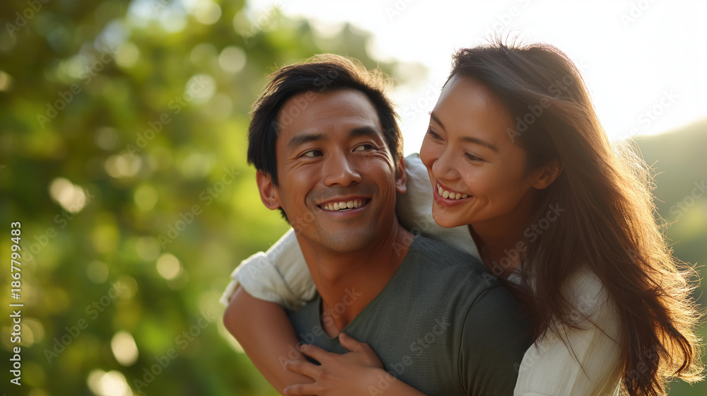 Fototapeta premium Asian couple enjoying a piggyback ride in a summer park, faceless playful romance, greenery blurred, with copy space
