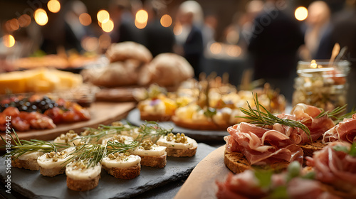 close up view of catering appetizers and drinks on table with blurred business professionals networking at corporate event in background © john