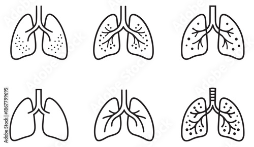 Outline medical lungs icon set featuring healthy and infected human respiratory organs for healthcare and anatomy education