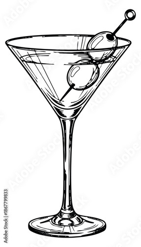 Hand drawn line art illustration of a martini cocktail depicting a drink in a classic glass garnished with olives for bar menus and party invitations