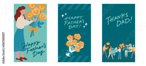 黄色い花やプレゼント、様々な人物が父の日を楽しむインスタグラムストーリーズの手描きベクターイラストのテンプレート、フレーム Hand-drawn vector illustration templates and frames for Instagram Stories featuring various people celebrating Father's Day.