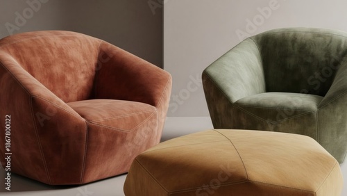 Modern Living Room Interior with Luxury Velveteen Armchairs and Geometric Ottoman in Earth Tones