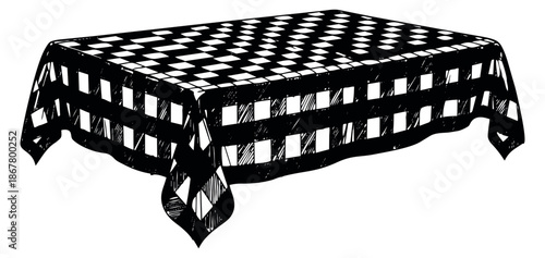 Hand drawn line art illustration of a checkered tablecloth depicting a classic gingham pattern for picnic themes