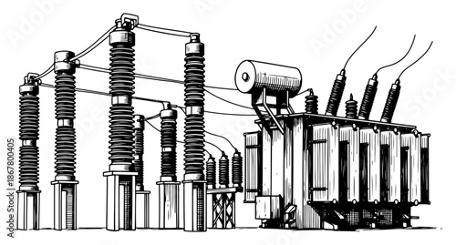 High voltage electrical transformer and substation equipment illustration