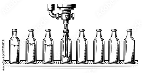 Automated bottling plant conveyor belt filling glass bottles in engraving style
