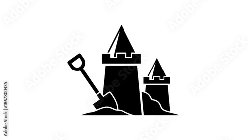 Vector illustration of, on transparent background, a joyful sandcastle and shovel for summer activities