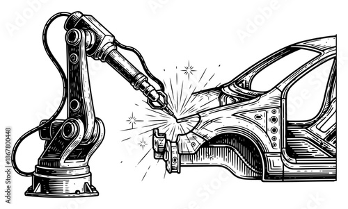 Automated robotic arm welding car body frame in industrial factory