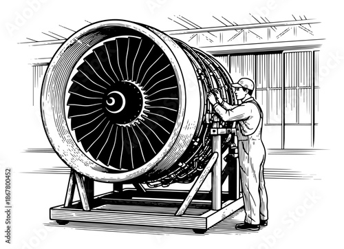 Mechanic repairing large aircraft jet engine turbine in hangar engraving style