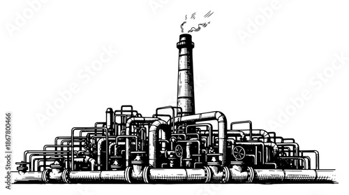 Complex industrial refinery plant with pipelines and smoking chimney stack