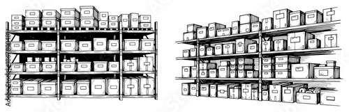 Warehouse shelving system filled with cardboard boxes for storage logistics