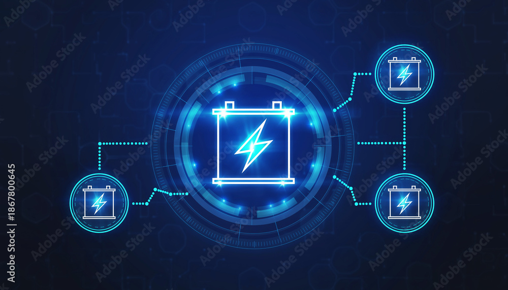 Fototapeta premium An illuminated illustration featuring a battery surrounded by several linked batteries. This image is associated with energy, power, and connectivity.