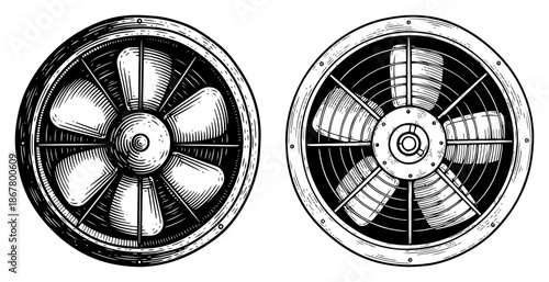 Two round industrial ventilation fans in detailed engraving style