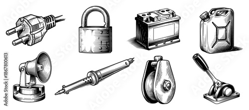 Set of various vintage industrial tools and workshop equipment icons