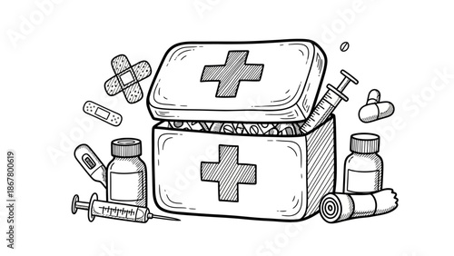 First Aid Kit with Medical Supplies Hand Drawn Illustration.