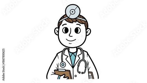 Friendly Male Doctor Cartoon with Head Mirror and Stethoscope.