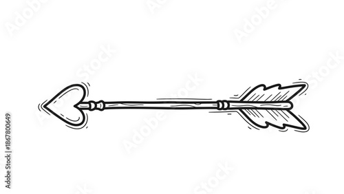 Hand drawn arrow with heart shaped tip and feather fletching.