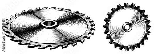 Sharp circular saw blades for woodworking in vintage engraving style