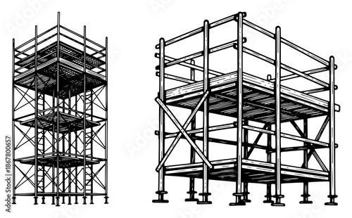 Steel construction scaffolding structures for building maintenance in engraving style