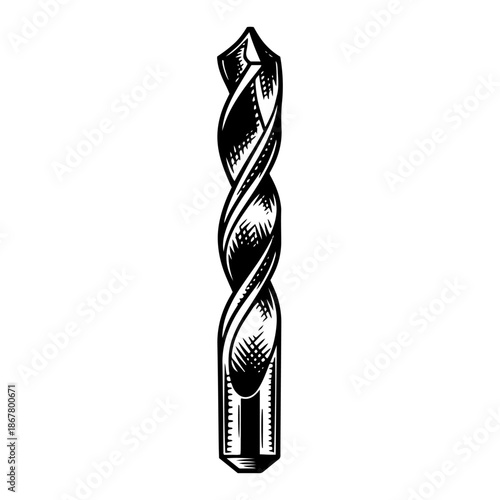 Spiral metal drill bit for boring holes in vintage engraving style