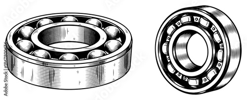 Two steel ball bearings for mechanical engineering in vintage style