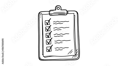 Hand Drawn Checklist on Clipboard with Ticked Boxes.