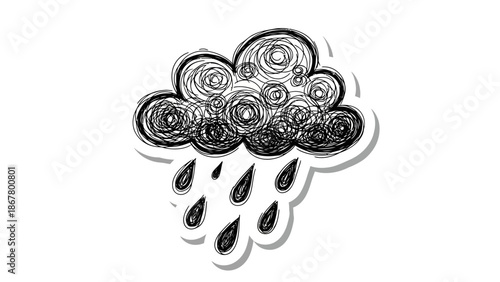 Hand drawn doodle style rain cloud with raindrops.