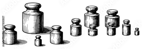 Set of calibration weights for measuring mass in vintage engraving style