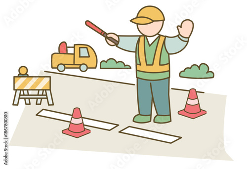 Traffic Control Worker Guiding Vehicles At Road Construction Site With Safety Equipment For Roadwork, Infrastructure Maintenance, Public Safety And Construction Management Concepts