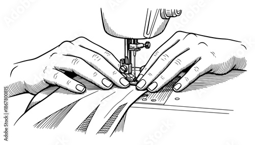 Hands working on sewing machine stitching fabric in vintage engraving style